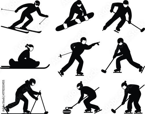 A collection of black silhouettes depicting athletes in various winter sports, including a skier in a diagonal position, a snowboarder, and players in hockey and curling