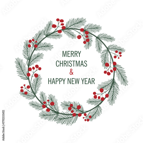 vector wreath with the words Merry Christmas,  with branches, red berries and leaves. 