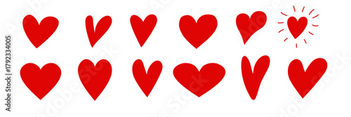 Red heart doodles set. Hand drawn hearts icon collection. Various different hand drawn heart icon love collection isolated on transparent background. Romance and love illustrations