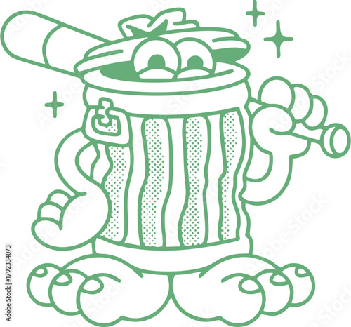 Retro cartoon trash can character with baseball bat — vintage halftone comic style illustration of funny garbage bin mascot with cool attitude