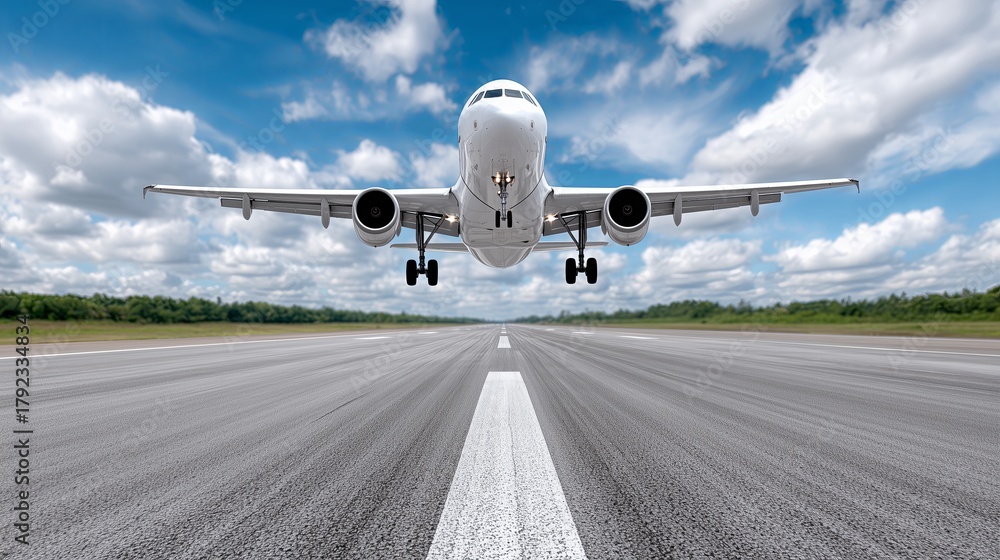 Fototapeta premium Passenger plane landing at airport with beautiful blue sky and white clouds