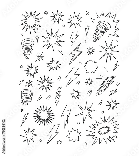 Comic-style bursts, lightning bolts, and spirals vector design