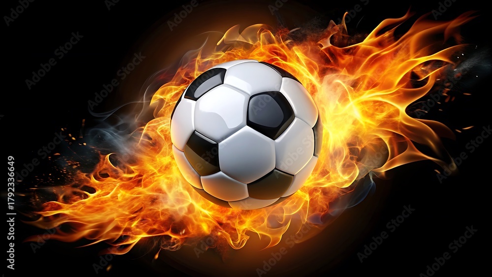 Fototapeta premium Soccer ball engulfed in vibrant flames and smoke against a dark background