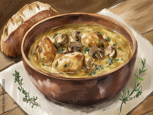 Chicken stew with mushrooms and herbs in brown bowl beside bread  
