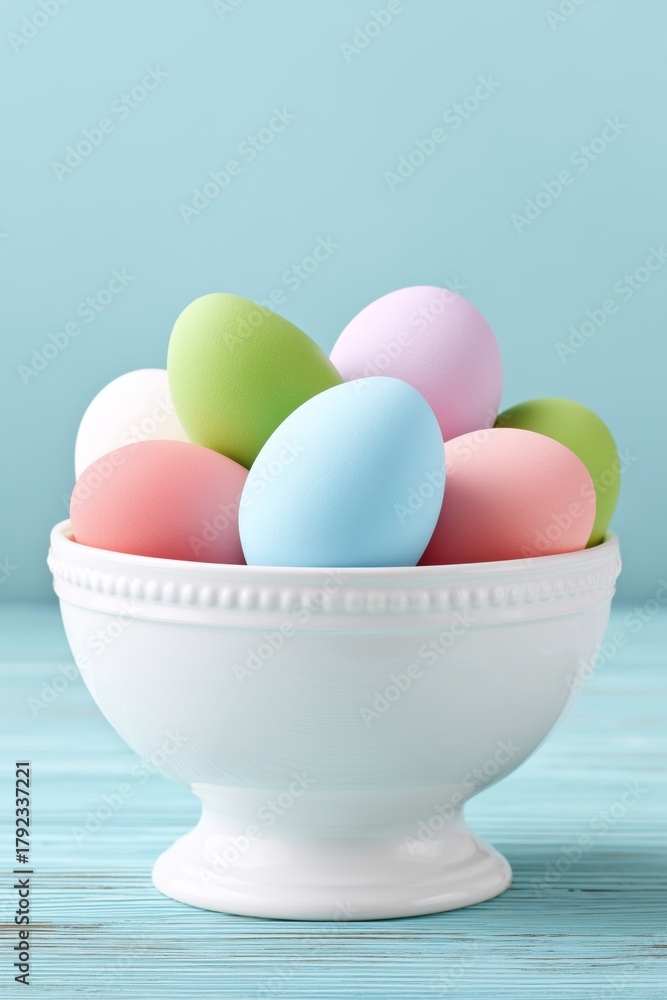 Fototapeta premium Colorful pastel Easter eggs arranged in a white ceramic bowl on light blue wooden surface with soft background, symbolizing spring celebration, festivity, and seasonal decoration
