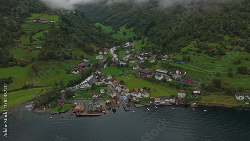 High-angle view of Undredal village by fjord and cliffs in western Norway