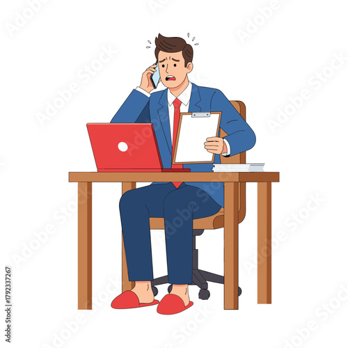 Stressed businessman in a suit and slippers, taking a difficult call while working remotely from his home office. Illustrates remote work challenges