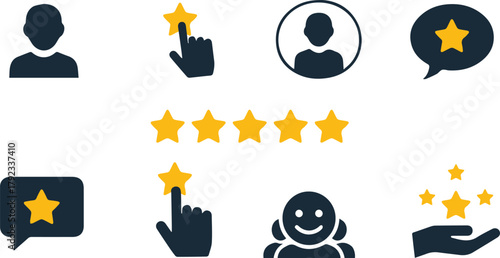 Customer Review and Feedback Icons Set with Rating Stars, User Profile, Hand, and Chat Bubble on White Background