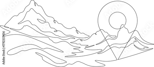Continuous single line drawing Mountain landscape pin map. Geolocation in nature. Pin map. Linear . One continuous line isolated minimalist illustration. Not AI.