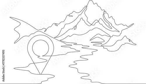 Continuous single line drawing Mountain landscape pin map. Geolocation in nature. Pin map. Linear . One continuous line isolated minimalist illustration. Not AI.