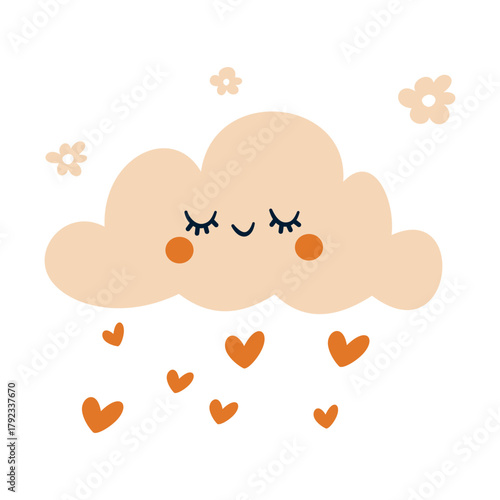 A cute cloud with a smile and closed eyes, daisies, and rain falling from a heart. Flat vector illustration. . Vector illustration