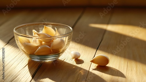 34.A well-lit image of a glass bowl with several unpeeled garlic cloves and peeled garlic placed on a rustic wooden table, creating a fresh, organic vibe with delicate shadows.