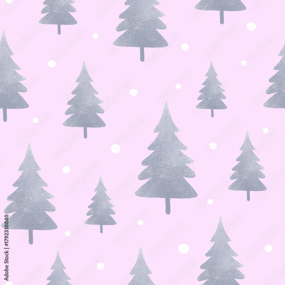 Fototapeta premium Soft pastel seamless winter pattern with gray Christmas trees and snow on pink background. Perfect for holiday wrapping paper, textile design, wallpapers, and festive stationery