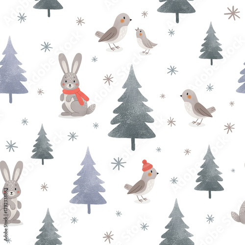 Adorable seamless winter forest pattern with birds, and bannies among Christmas trees and snowflakes. Ideal for kids’ textiles, wrapping paper, nursery prints, and Christmas decorations
