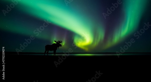 Moose is standing and colorul light on the sky