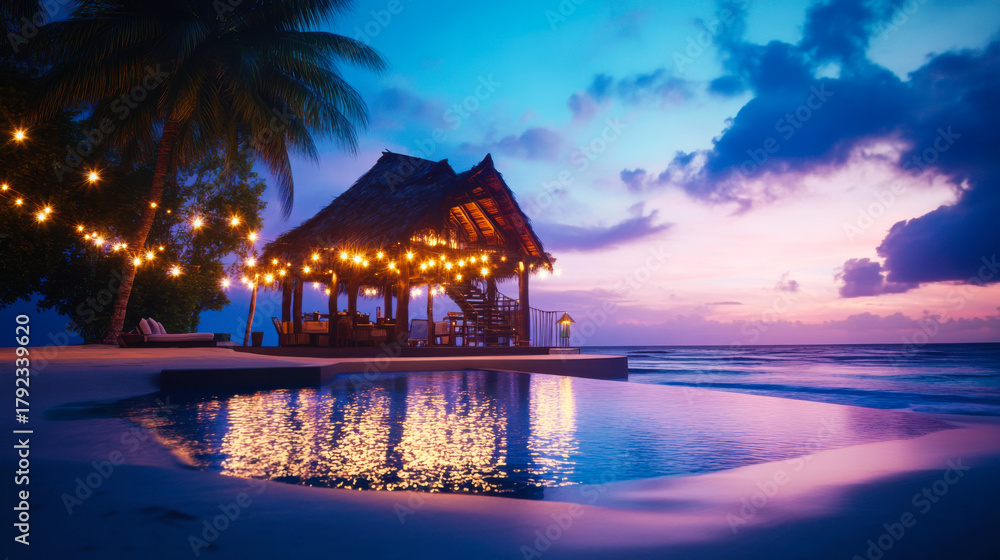 Fototapeta premium Romantic sunset view of a tropical beachfront restaurant illuminated with fairy lights