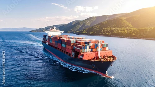 Large cargo ship carrying containers sailing across the ocean on a sunny day near green mountainous islands for global trade