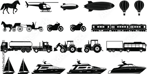Transportation silhouettes collection, horse, carriage, helicopter, airship, hot air balloon, motorcycles, train, trucks, bus, sailboats, yachts, vector illustration