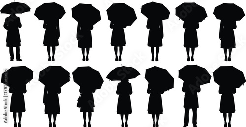 Umbrella silhouette figures, person holding umbrella poses, rainy weather illustration, fashion coat design, urban lifestyle vector art collection