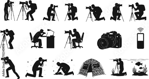 Photography silhouettes, tripod shooting, handheld camera, editing desk, underwater scene, outdoor tent, digital device, creative photo equipment illustration icons