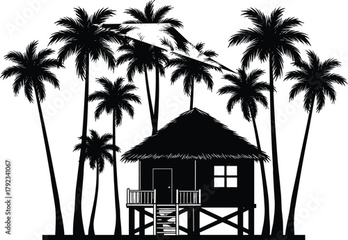 Tropical stilt hut silhouette, palm trees, island retreat scene, black vector illustration, exotic nature design, beach vacation concept artwork