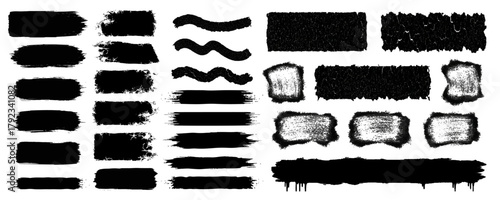 Large vector collection of varied black paint brush strokes, grunge hand-drawn banners, wavy lines, and distressed texture elements for design.