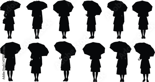 Umbrella silhouette figures, person holding umbrella poses, rainy weather illustration, fashion coat design, urban lifestyle vector art collectionUmbrella silhouette 