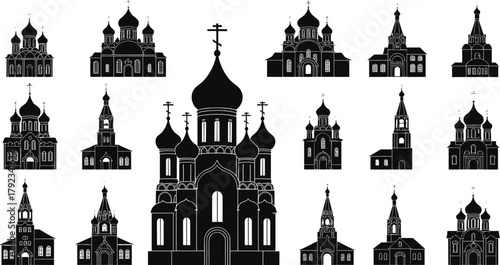 Russian Orthodox church silhouettes, onion domes architecture, religious landmark illustration, Eastern Christianity heritage, cultural design, historic cathedral vector art