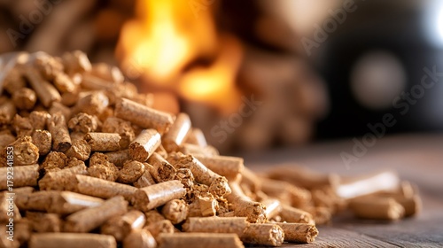Wood pellets spilling with burning fire in background