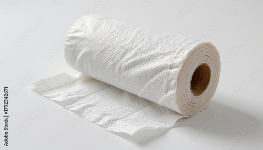 Fototapeta premium Roll of white paper towel on a plain background ready for use.