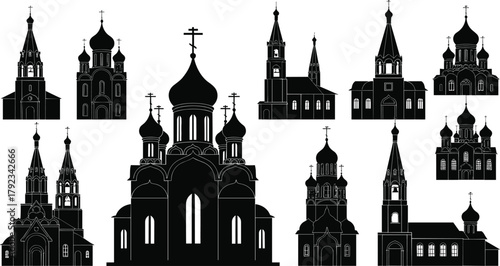 Russian Orthodox church silhouettes, onion domes, cathedral architecture, black vector icons, religious landmark design, historic building illustration collection