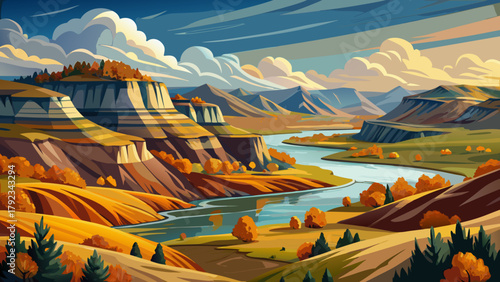 Very beautiful landscape of the Missouri Breaks National Monument along the Missouri River at Fort Benton, Montana, USA, in September, featuring rugged cliffs, winding river curves, autumnal vegetatio