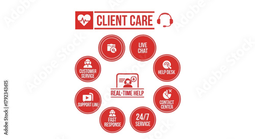 Client care services diagram with icons in red.