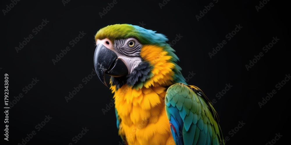Fototapeta premium Colorful parrot against a dark background, showcasing vibrant feathers and sharp beak.