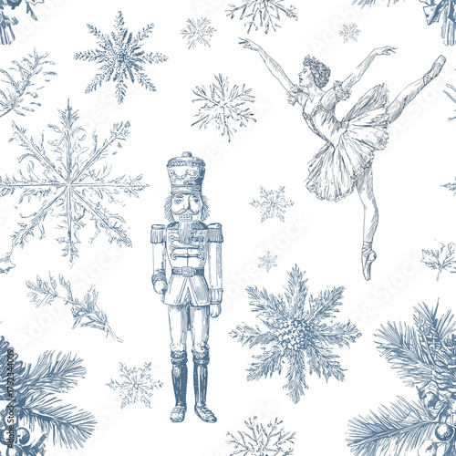 Vector Blue Toile Christmas Seamless Pattern 19 with Nutcracker, Ballerina and Snowflakes