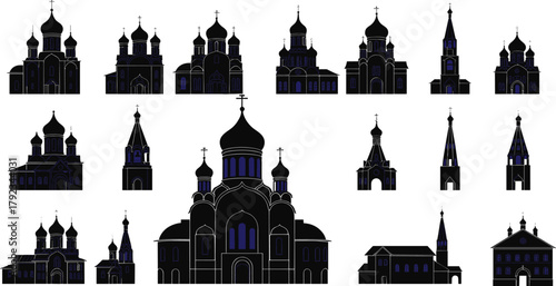 Russian Orthodox church silhouettes, onion domes, cathedral architecture, black vector icons, religious landmark design, historic building illustration set