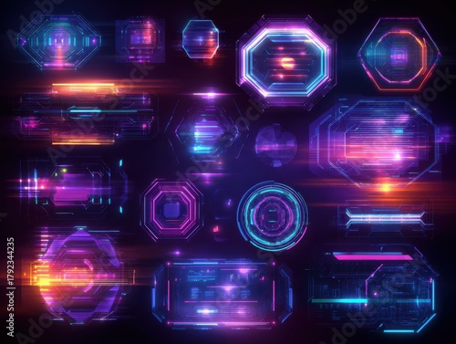 Glowing neon futuristic digital shapes collection set