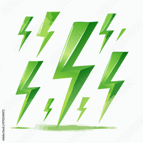 Green lightnings. Electric strikes, thunderbolt discharges. Glowing green electric lightning bolt effects. 