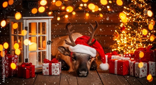 dog in a Santa hat reclines on a couch beside a Christmas tree adorned with twinkling lights dog wearing santa cap light and gift near it christmas concept