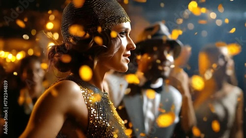 Women wearing flapper dresses and men in zoot suits dancing in smoky club, gold sequins glittering, 1920s jazz rhythm, night of freedom and style, timeless fashion, roaring twentie