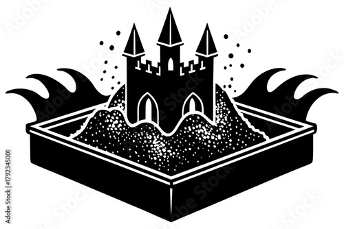 Classic sandbox with sandcastle illustration, childhood icon.