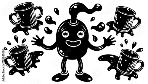 Happy coffee blob character surrounded by spilled coffee cups