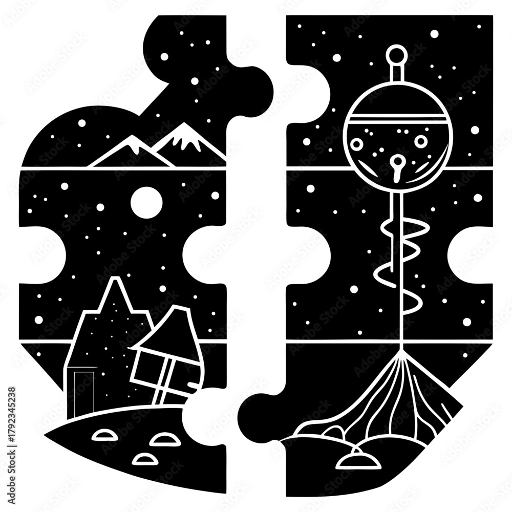 Fototapeta premium Connecting nature and future technology in puzzle illustration