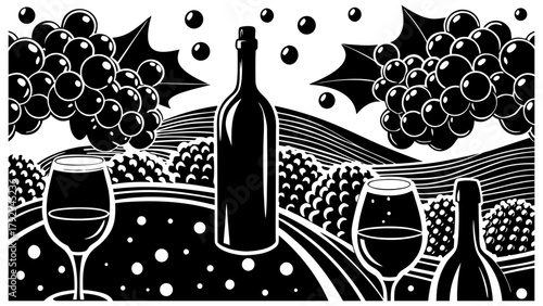 Stylized black and white illustration of wine bottle and glasses