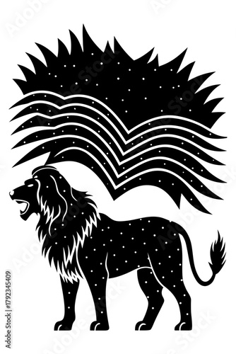 Stylized cosmic roaring lion with starry mane vector illustration.