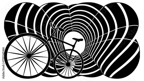 Stylized bicycle in abstract optical illusion tunnel illustration