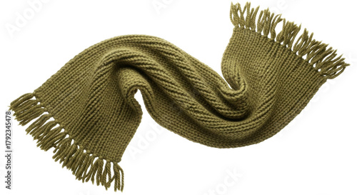 Isolated olive knitted scarf, warm textile garment for autumn and winter season fashion accessory