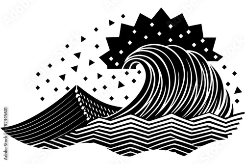 Dynamic stylized ocean wave geometric abstract sunburst design