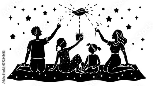 Family celebrates with sparklers, gift, and stars illustration