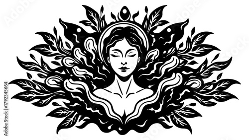 Mystical woman surrounded by organic foliage, stylized black art